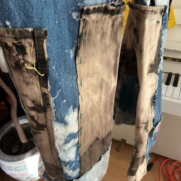 Upcycled Frayed Patchwork Jeans – 34" Waist Handmade Streetwear Pants Wide Leg - Picture 15 of 16